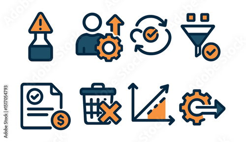 Two-Color vector icons of workflow optimization: bottleneck alert, productivity boost, review loop, task funnel. High-value task, eliminate waste, effort vs impact, streamline icon.