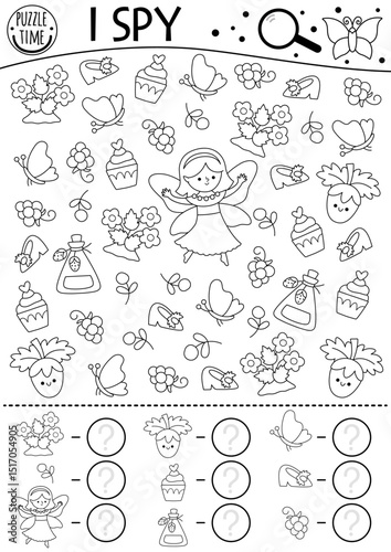 Fairyland black and white I spy game for kids. Searching and counting activity with berry fairy, strawberry, shoe, cupcake. Fairytale printable worksheet. Fantasy coloring page, puzzle