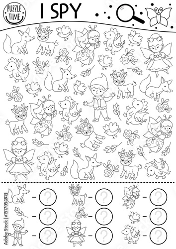 Fairyland black and white I spy game for kids. Searching and counting activity with bug fairy, elf, deer, flower, animals, dragon, bird. Fairytale printable worksheet. Fantasy coloring page, puzzle