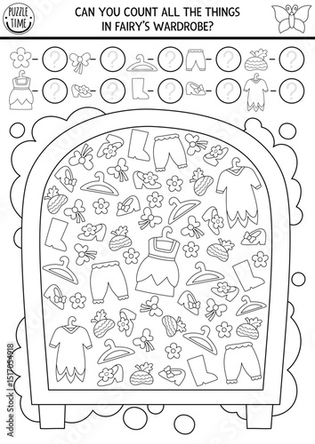 Fairyland black and white I spy game for kids shaped as fairy wardrobe with clothes. Searching and counting activity with dress, hanger. Fairytale printable worksheet. Fantasy coloring page