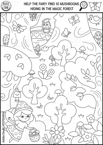 Vector fairyland black and white searching game with enchanted forest landscape, fairy, basket. Spot hidden mushroom. Fairytale seek and find educational printable activity, coloring page for kids