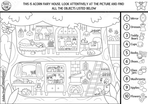 Vector fairyland black and white searching game with fairy tree house landscape. Magic fairytale seek and find and counting educational printable activity, coloring page with cozy home interior