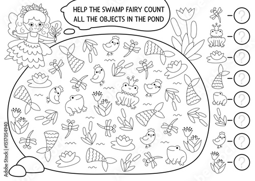 Fairyland black and white I spy game for kids shaped as pond with frogs. Searching and counting activity with swamp fairy, reeds, lily. Fairytale printable worksheet. Fantasy coloring page, puzzle