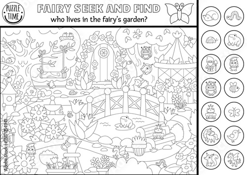 Fairyland vector black and white searching game with enchanted garden landscape. Spot hidden animal. Fairytale seek and find printable activity, coloring page with flower fairy on swing