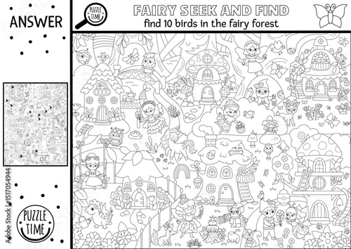 Vector fairyland black and white searching game with enchanted forest landscape, house, fairy, garden. Spot hidden birds coloring page. Fairytale seek and find educational printable activity