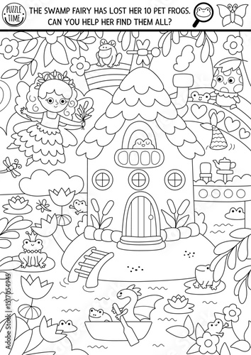 Vector fairyland black and white searching game with enchanted forest landscape, tree house, river, swamp fairy. Spot hidden frog coloring page. Fairytale seek and find printable activity