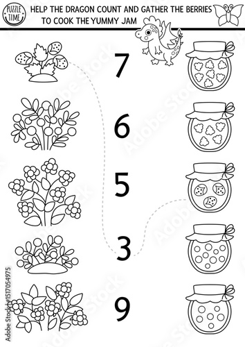 Match the numbers black and white fairyland game or coloring page with dragon cooking marmalade. Woodland fairy garden math activity. Fairytale counting worksheet with berries, jam jars