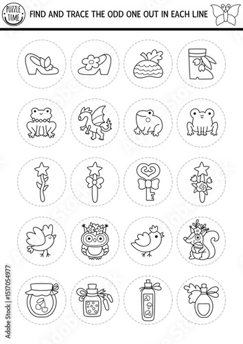 Find the odd one out. Fairyland black and white logical activity for kids. Magic forest educational quiz worksheet, coloring page. Printable game with fairy attributes, fantasy animals