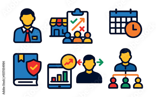 Flat vector icons of retail management and leadership: manager icon, store meeting, operations plan, shift schedule, policy manual, store KPIs, decision maker, leadership chart.