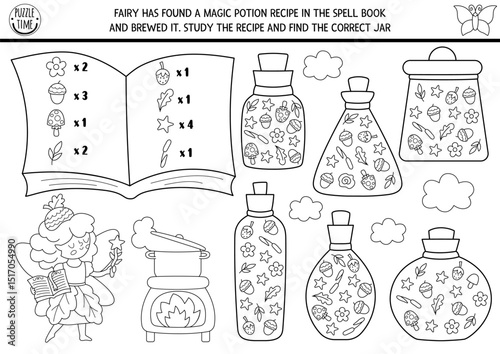 Fairyland black and white matching game with acorn fairy, potion recipe and spell books. Math and searching activity, coloring page. Printable counting worksheet with cute fairytale chef