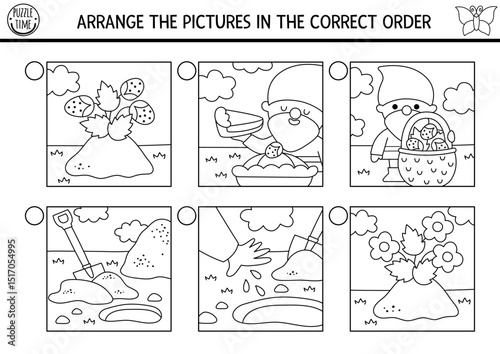 Fairyland black and white logical activity with garden gnome scenes. Arrange pictures in correct order. Action succession worksheet, coloring page. Magic fairy puzzle with gnome planting berry seeds
