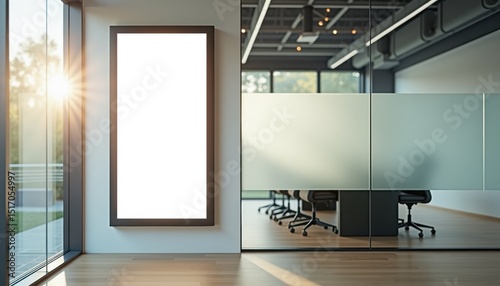 Modern office interior with large blank frame by glass windows  