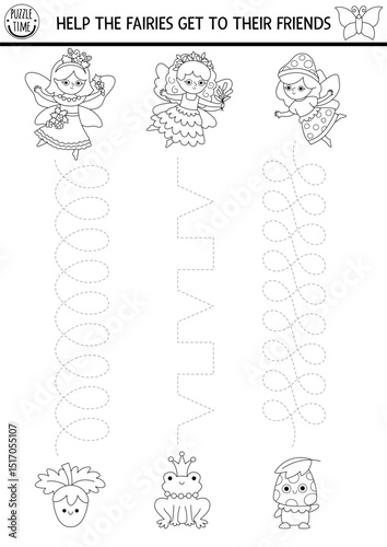 Vector black and white handwriting practice worksheet with woodland fairies, friends. Printable activity, coloring page for kids with girls. Fairyland tracing game with berry, frog, mushroom