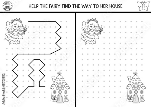 Fairyland black and white drawing, writing, tracing, space orientation activity for kids with swamp fairy, house. Draw line in box. Preschool woodland printable game, puzzle, coloring page