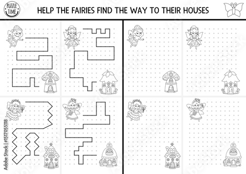 Fairyland black and white drawing, writing, tracing, space orientation activities set for kid with fairies, house. Draw line in box. Preschool woodland printable game, puzzle, coloring page collection