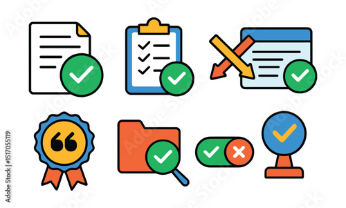 Flat vector icons of fact-checking and verification: verified document, checklist icon, cross-reference symbol, data validation, citation badge, evidence file, true/false toggle, trusted source icon.