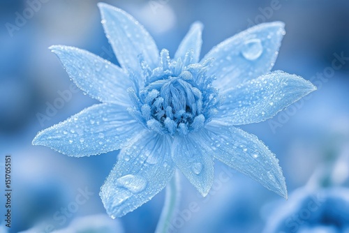 A beautiful, light blue flower glistens with water droplets, standing out against a soft, blurred background.