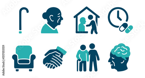 Two-Color vector icons of elderly care: walking cane, senior profile, home visit, medication reminder. Comfort chair, elderly hands, daily support, memory aid.