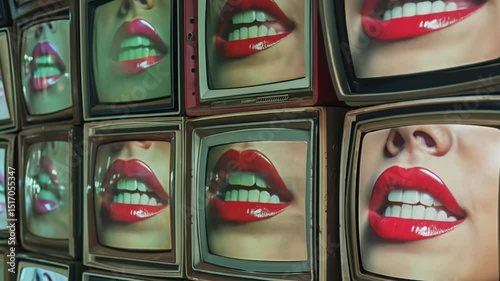 Multiple vintage television screens displaying red glossy lips creating wall of sexualized entertainment content and adult media consumption imagery. Porn addiction concept