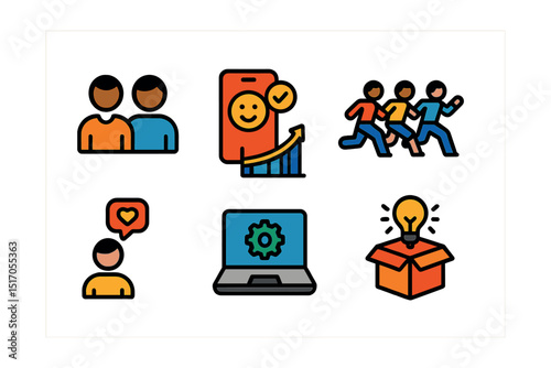Flat vector icons of startup essentials: co-founders icon, MVP product, growth curve, team hustle, early users, startup laptop, launch strategy, innovation box.