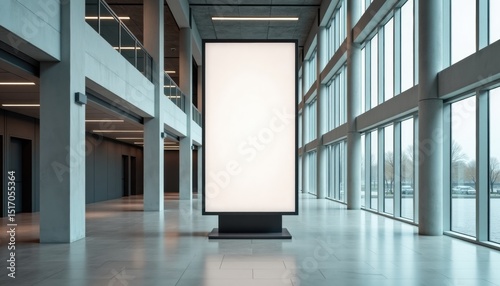 Modern digital billboard in spacious convention center with large windows  