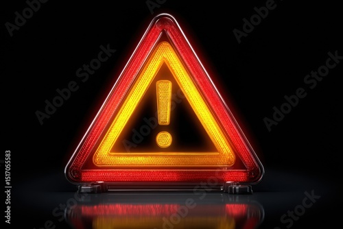 Warning Triangle With Blinking Lights Positioned Clearly on a Dark Background Indicating Caution During Nighttime or Limited Visibility Conditions