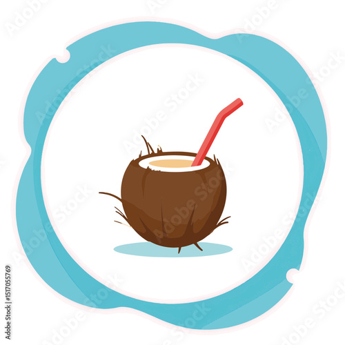 Coconut drink with a red straw on a light blue circular background, tropical vibe concept of beach resort or summer cafe.
