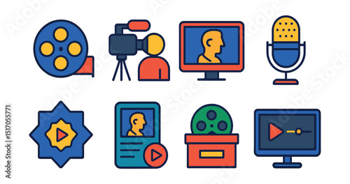 Flat vector icons of documentaries and media: documentary reel, camera crew, history on screen, voiceover mic, TV series badge, streaming history doc, film archive, broadcast timeline.