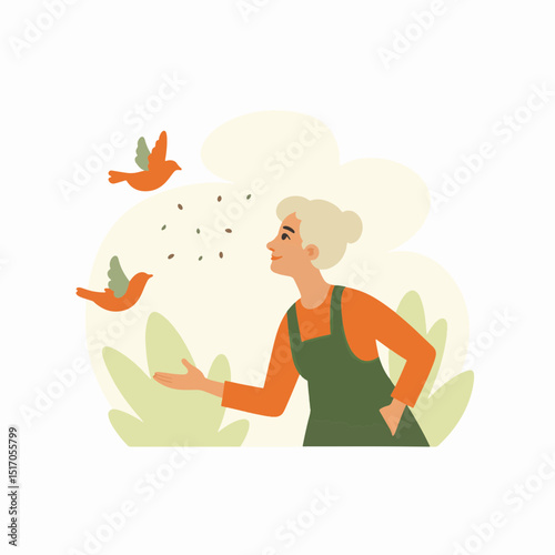 Elderly woman smiling joyfully while feeding birds in a garden setup with green foliage background, nature concept of wellness or environmental appreciation