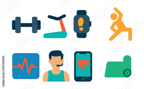 Flat vector icons of fitness and health: dumbbell, treadmill icon, step tracker, stretching icon, heartbeat graph, fitness coach, wellness app, exercise mat.