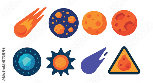 Flat vector icons of comets and asteroids: flying comet, asteroid belt, space rock, cratered surface, icy core, impact animation, tail of gas, asteroid warning symbol.