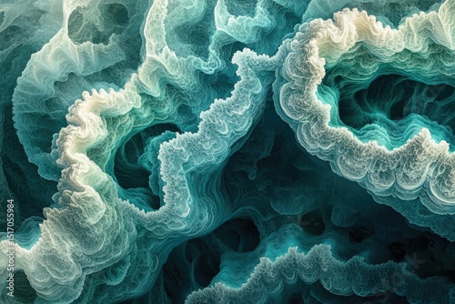 Abstract swirls of turquoise and white create a textured, dreamlike landscape, evoking a sense of depth and otherworldly beauty.