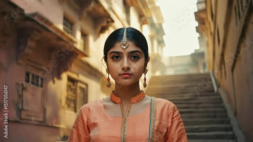 Wallpaper Mural Young Indian female standing in narrow alleyway, wearing vibrant orange traditional attire and ornate jewelry, historic stone buildings rising behind her under bright sunlight Torontodigital.ca