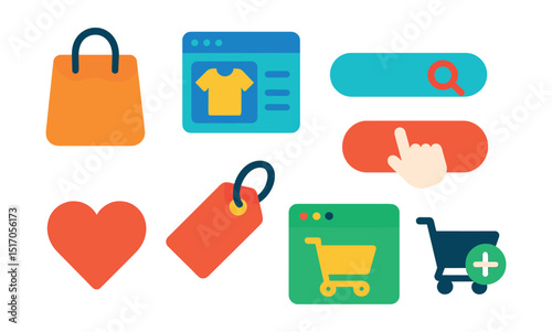 Flat vector icons of online shopping: shopping bag, product page, search bar, buy now button, favorite item, sale tag, shopping browser tab, add to cart icon.