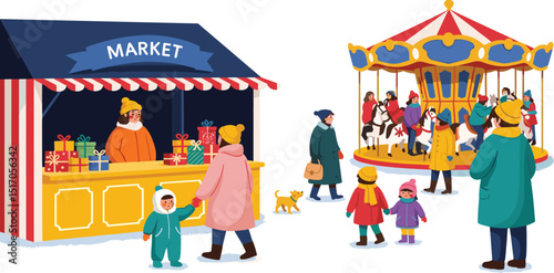 Christmas market 2026. Vector cute illustration of city decorated winter festive square with Christmas tree, kiosk, houses, people, family, carousel with horses for greeting card, background or banner