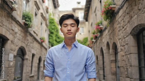 Wallpaper Mural Young Asian man wearing a light blue shirt is standing in a narrow European street with stone buildings and flower pots, possibly enjoying a leisurely stroll or exploring a new city Torontodigital.ca