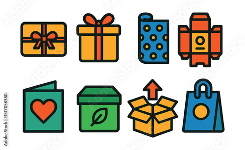 Flat vector icons of gift cards and packaging: gift card icon, gift box, wrapping paper, packaging design, thank you card, eco-friendly box, unboxing icon, product bag.