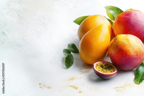 Close-up shot of vibrant, colorful exotic fruits including mangoes and passion fruit with green leaves on textured white background.