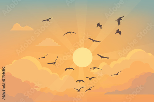 Birds flying across a sunset sky with bright sun and glowing orange clouds.