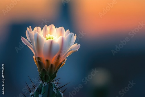 A close-up shot of a white cactus flower in bloom against a soft, blurred background of orange and blue hues.