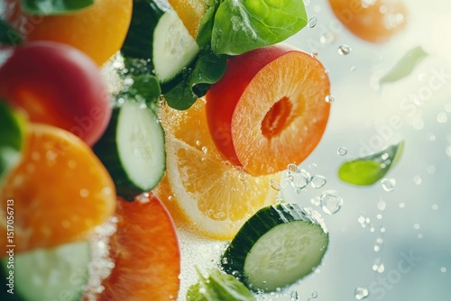 Vibrant fruits and vegetables floating in water, creating a refreshing and visually appealing composition in soft, diffused light.