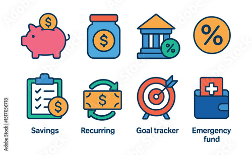 Flat vector icons of savings tools: piggy bank, savings jar, high yield account, interest rate icon, savings plan, recurring deposit, goal tracker, emergency fund.