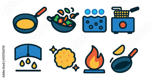 Flat vector icons of frying and sautéing: frying pan with oil, wok with veggies, bubbling oil, deep fryer, splash guard, golden crust icon, stove flame, flipping food.
