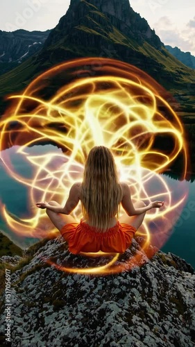 Wallpaper Mural Young woman meditating in lotus position on a rock by a lake with mountains in the background. Surrounded by golden light trails. Conveying a sense of spirituality. Energy. And connection with nature Torontodigital.ca