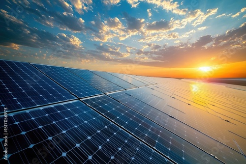 Solar panels gleam under a vibrant sunset, harnessing clean energy from the sun's golden rays.