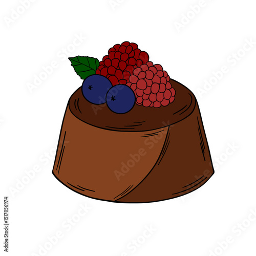 Appetizing and delicious sweet baked chocolate dessert pudding with berries raspberries blueberries, mint leaf  breakfast. Sweet treats dessert. Outline food art