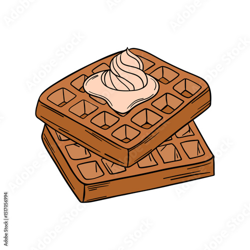 Appetizing and delicious sweet baked waffles with butter and whipped cream on top dessert breakfast. Sweet treats dessert. Outline food art