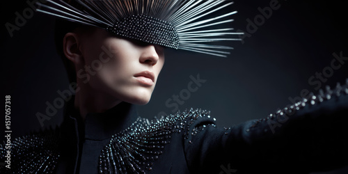 A person wearing a futuristic spiked visor and a studded jacket extends an arm forward. Futuristic fashion concept