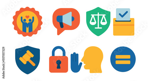 Flat vector icons of legal rights and freedoms: human rights badge, freedom of speech icon, civil rights shield, right to vote, legal protection icon, privacy rights, expression icon, equal rights.