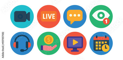Flat vector icons of game streaming (in circles): stream camera, live badge, chat overlay, viewer count, streamer headset, donation icon, broadcast screen, stream schedule.